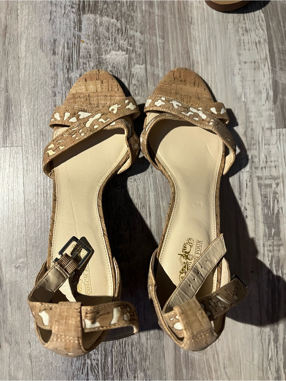 Coach and Four  Beige Cork Wedge Sandals with White Inlay Like New